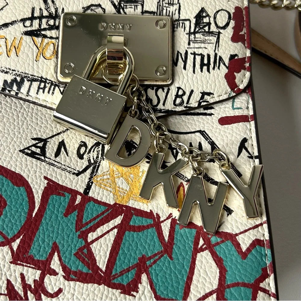 DKNY Womens Elissa North South Cream Graffiti Print Leather Crossbody‎ Bag